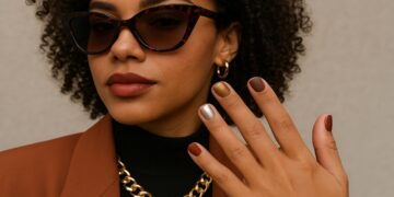 Mulher moderna exibindo suas unhas curtas com esmaltação sofisticada em tons terrosos e metálicos